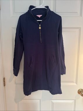 Navy Half-Zip Pullover Dress with Gold Zip
